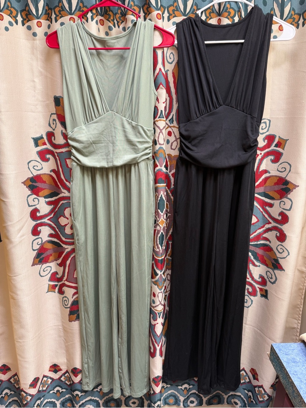 Sleeveless V-Neck Jumpsuit in Sage Green and Black